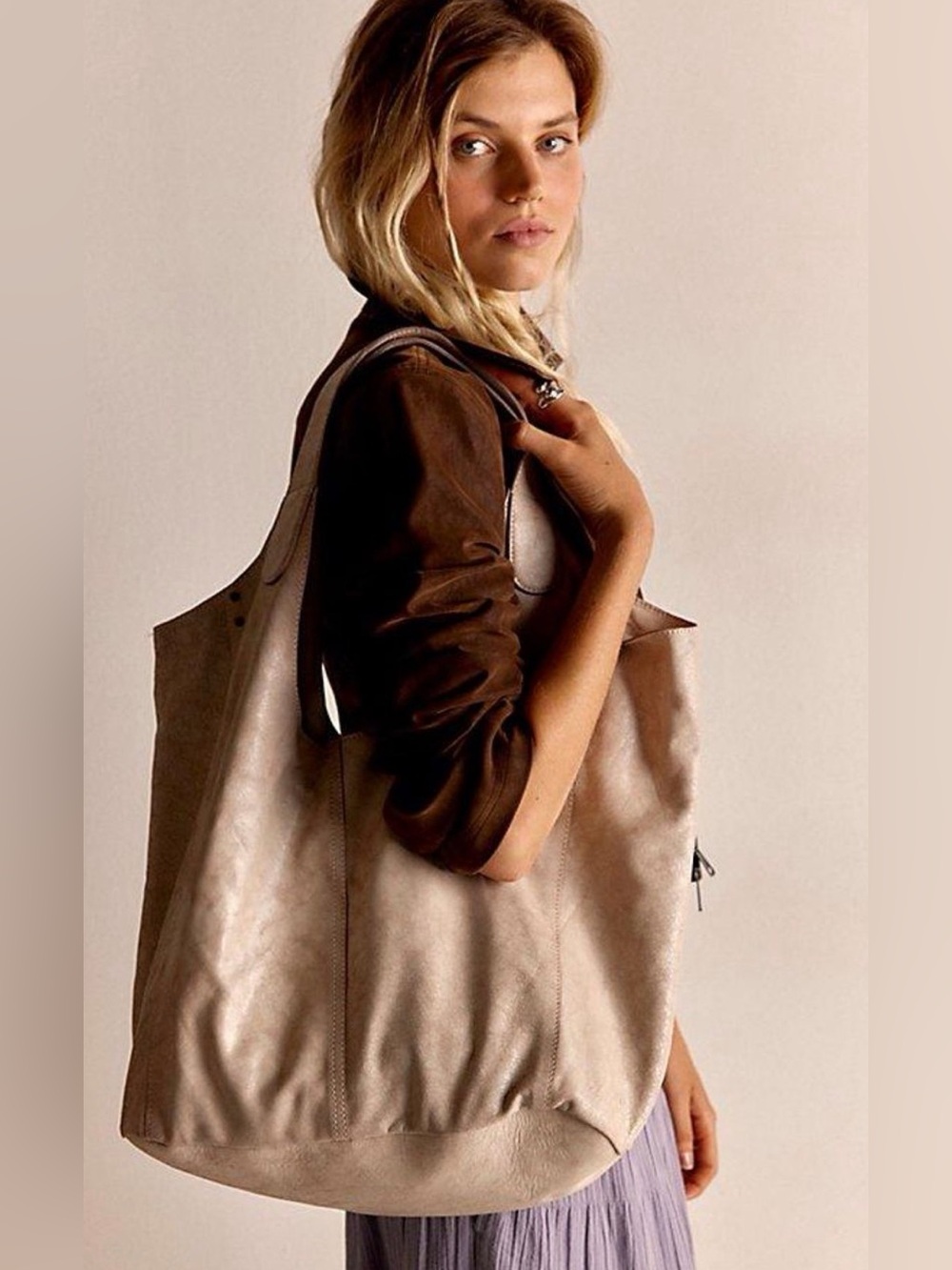 NWT Free People Hadley Distressed Slouchy Bag 100%  Leather Mineral Lightweight